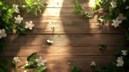 Fototapeta premium Natural Sunlight Illuminating Wooden Surface Surrounded by Delicate White Flowers and Green Leaves During a Serene Afternoon in a Garden