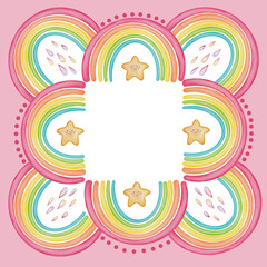 Invitation frame with watercolor stars and rainbow, empty space for text. Pastel borders for baby shower, birthday, gender party, wedding, greeting, nursery decor,  lgbt design