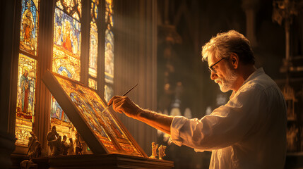 Artist at Work: An elderly artist meticulously paints, illuminated by the sun streaming through a stained-glass window, creating a scene of artistic passion.