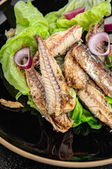 mackerel can salad seafood fresh tasty food dish gourmet food background on the table rustic food top view copy space