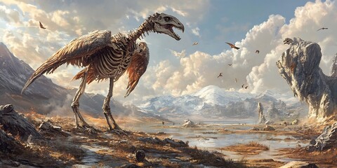 Concept art focusing physical adaptation strategy of migratory bird their route new territory after climate shifts real life inspired skeletal structures dynamically adapting under evolving backdrops