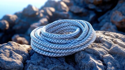 Fototapeta premium Twisted rope coiled on rocks, seaside backdrop