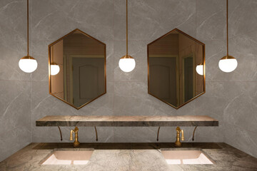 3D Render of Elegant Bathroom Design Featuring Hexagonal Mirrors, Stylish Lighting, and Marble Vanity with Dual Sinks