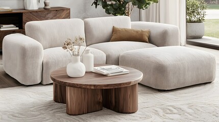 Modern Living Room with Textured Sofa and Round Wooden Coffee Table in Bright Natural Light