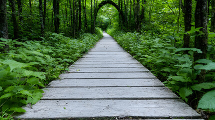 Fototapeta premium Wooded boardwalk path leading to light