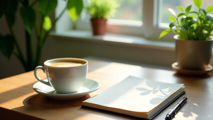 Coffee Cup and Notebook, with Plants, Natural Light (16:9)