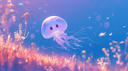 Naklejka premium A serene jellyfish gliding through vibrant underwater scenery, showcasing marine beauty.