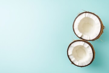 Fresh Coconut Halves Cut Open on Light Blue Background