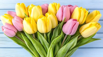 Obraz premium Vibrant Bouquet of Colorful Tulips in Shades of Pink and Yellow on a Light Blue Wooden Background