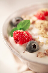 Muesli mit Fruechten in weisser Schale, Frühstück, Close up, 