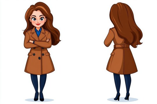 a 2D cartoon illustration of a woman modeling a fashionable trench coat, stylish and elegant, white background