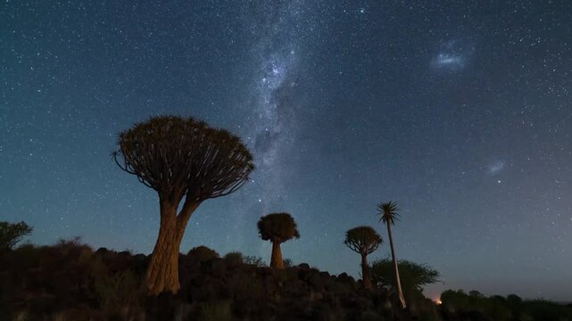 Majestic night sky over desert landscape with quiver trees and milky way galaxy