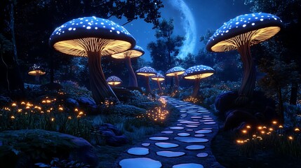 Enchanted Moonlit Forest Path: Glowing Mushroom Grove 3D Render AI Generated
