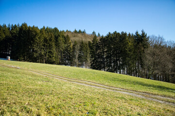 Rolling Hills and Green Fields Under a Clear Sky. A stunning countryside landscape featuring rolling green fields stretching toward distant hills covered in dense forests. The deep blue sky adds