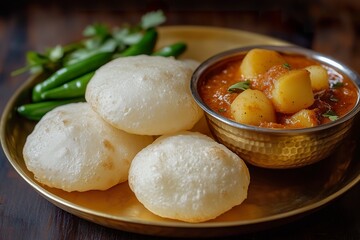 Fototapeta premium Traditional Bengali Breakfast with Puffy Luchi and Spiced Aloo Dum Served on a Brass Thali