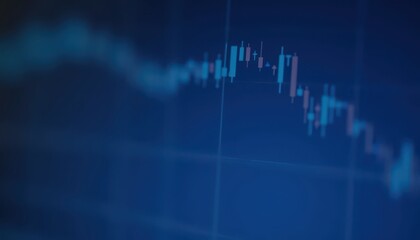 Closeup financial chart with uptrend line candlestick graph in stock market on blue color monitor background