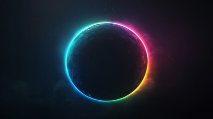 Fototapeta premium A circle with rainbow light around it in minamlist style. Circle with colorful gradient color light on dark background.