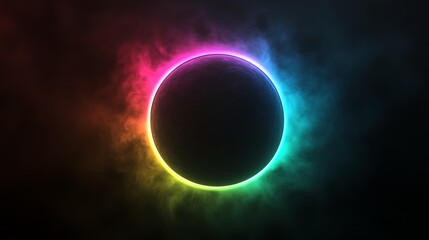 A circle with rainbow light around it in minamlist style. Circle with colorful gradient color light on dark background.