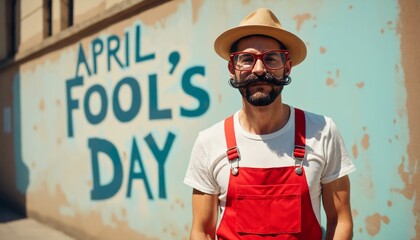 Playful man in red overalls and hat posing for April Fool's Day celebration against graffiti wall
