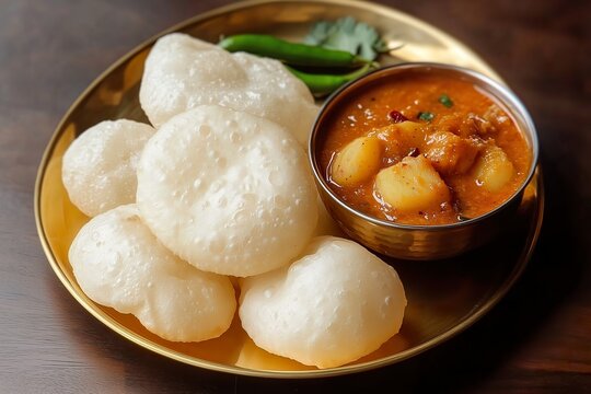 Traditional Bengali Breakfast with Puffy Luchi and Spiced Aloo Dum Served on a Brass Thali