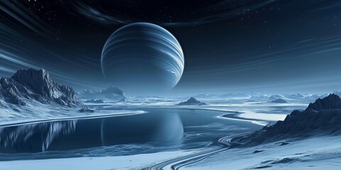 Minimalistic futuristic background featuring an ice-covered alien planet with a massive ringed gas giant in the sky