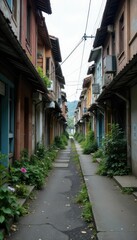 Fototapeta premium Weathered city street with broken pavement, faded signs and overgrown vegetation, concrete, urban, worn