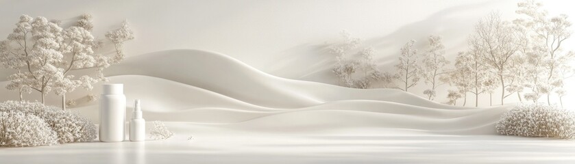 Fototapeta premium White bottles on snowy landscape. Peaceful winter scene. Product display