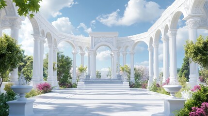 Peaceful garden with white columns and flowers under a bright blue sky in a serene setting