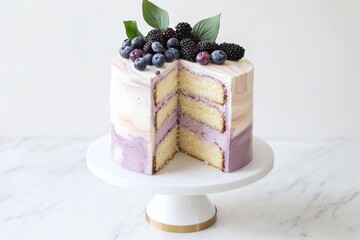 A beautifully designed layered cake with marbled white and purple frosting, topped with fresh blackberries, blueberries, and decorative leaves.