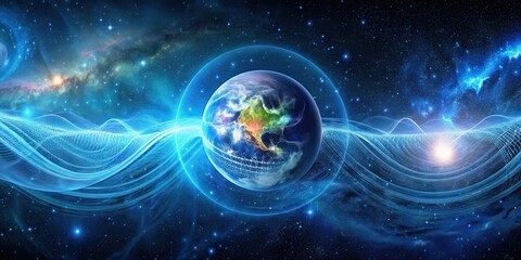 Obraz premium A Celestial Embrace Planet Earth Enveloped by Interconnected Energy Waves in a Vast, Starlit Cosmos