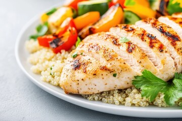 Grilled Chicken Breast Served on Plate with Quinoa and Vegetables