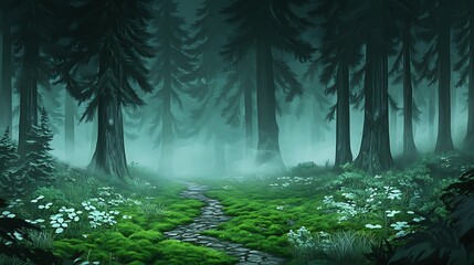 Misty Forest Path: A Digital Painting of an Enchanting Woodland Scene AI Generated