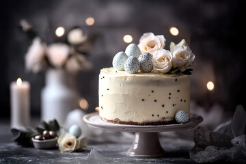Fototapeta premium Artistic Easter cake with a minimalist white design, highlighted by soft candlelight and pastel chocolate eggs for a cozy festive ambiance.
