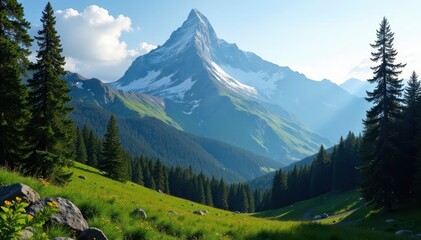 Obraz premium Hyalite Peak dramatically emerges from trees, majestic above green valley , stone, shadow, panoramic