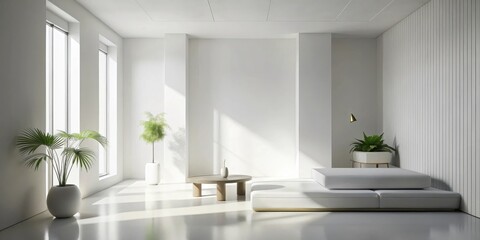Fototapeta premium Modern minimalist living room with sunlight streaming through large windows, showcasing a low platform seating arrangement, a simple coffee table, and potted plants in a serene, bright interior