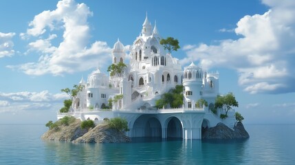 Obraz premium Mysterious castle on an isolated island surrounded by calm waters