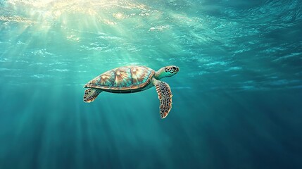 Obraz premium A sea turtle swimming gracefully through clear blue waters, free of plastic, its shell glistening under the sunlight above the surface.