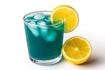 Blue curacao cocktail in a glass with ice, isolated on a white background