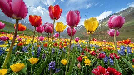 Fototapeta premium Vibrant tulip field in springtime, showcasing colorful blooms under a blue sky with mountains