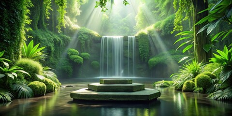 Obraz premium Serene Waterfall Scene with Mossy Rocks and Tranquil Pool, Featuring a Three-Tiered Stone Platform in a Lush Green Forest