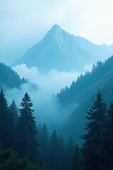 Fototapeta premium Dense fog shrouds towering evergreens, mountain peaks barely visible , atmospheric, grey, conifer