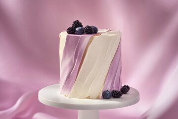 A sophisticated cake with diagonal striped buttercream in shades of pink and white, gold detailing, and topped with fresh blackberries and blueberries on a white cake stand.