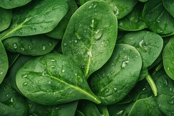 Fresh and Vibrant Spinach Leaves with Water Droplets Close-Up