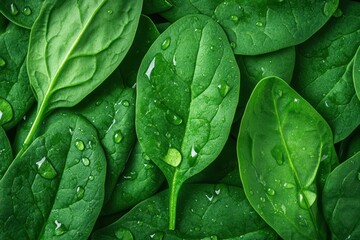 Fresh Spinach Leaves Close Up with Water Drops on Green Background