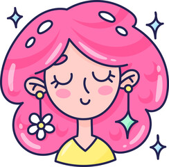 cartoon girl with stars and pink hair, character doodle sticker design