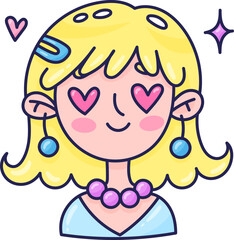 cartoon girl with stars and jewelry, character doodle sticker design