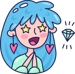 cartoon girl with blue hair and hearts, character doodle sticker design