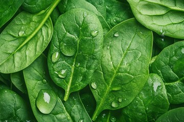 Fresh Spinach Leaves with Water Droplets Close-Up View
