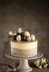 Minimalist Easter cake with a clean buttercream finish, decorated with natural branches, golden eggs, and small white flowers.