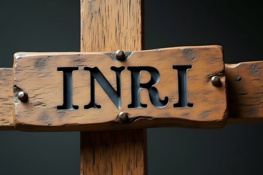 A detailed view of a wooden sign reading &ldquo;INRI&rdquo; nailed to the top of a cross.